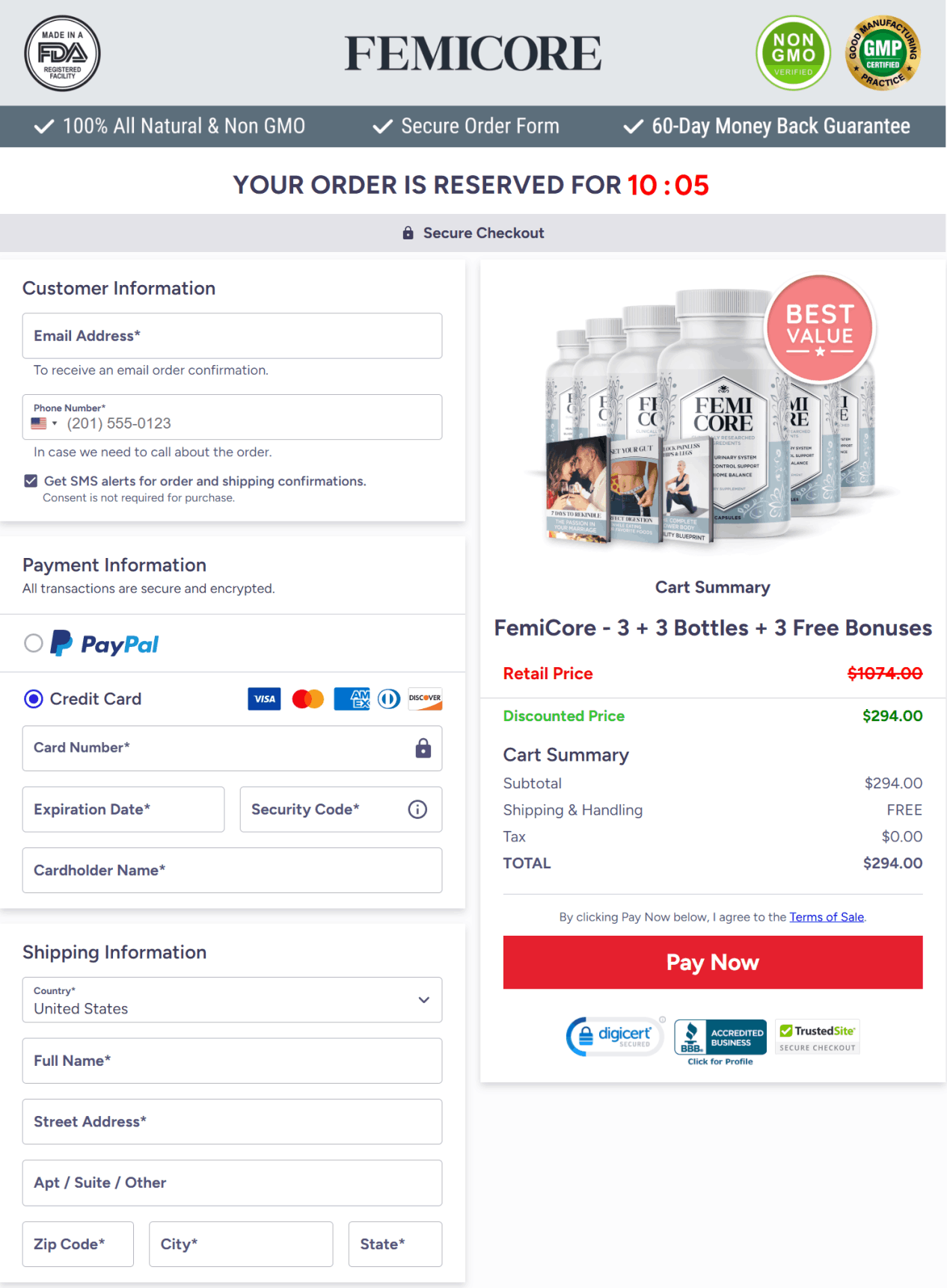 FemiCore secure checkout page for placing your order